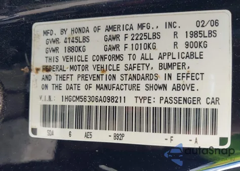 2006 Honda Accord Se from USA, damaged, VIN 1HGCM56306A098211